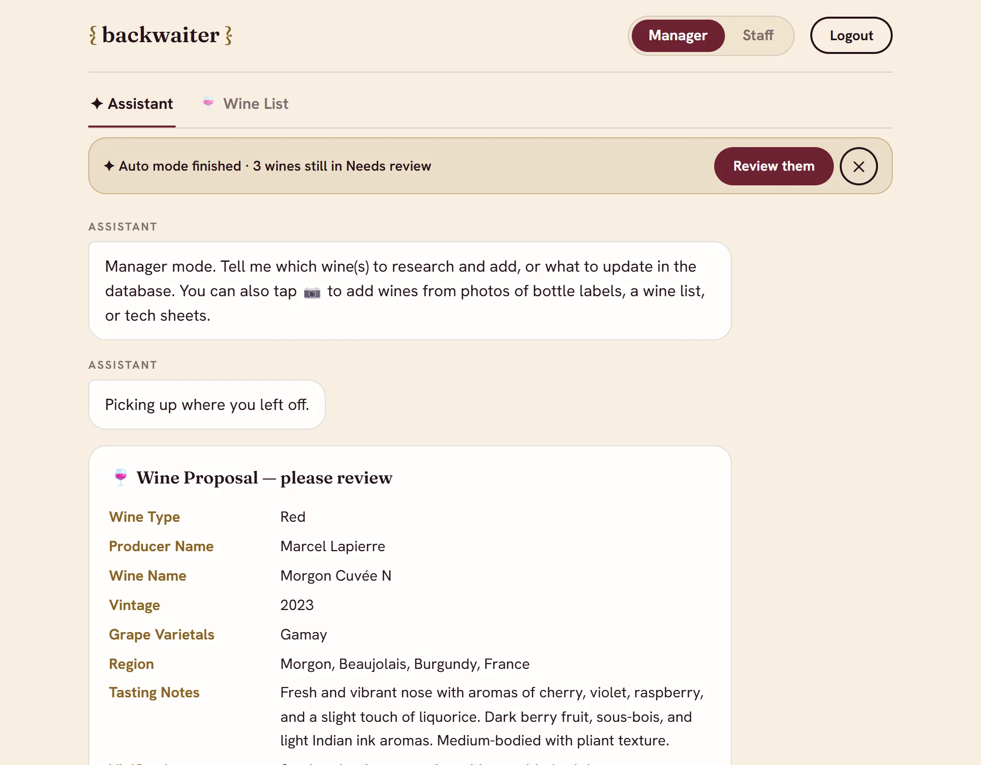 The backwaiter assistant showing a researched wine card for review: producer, grapes, region, tasting notes, how it's made