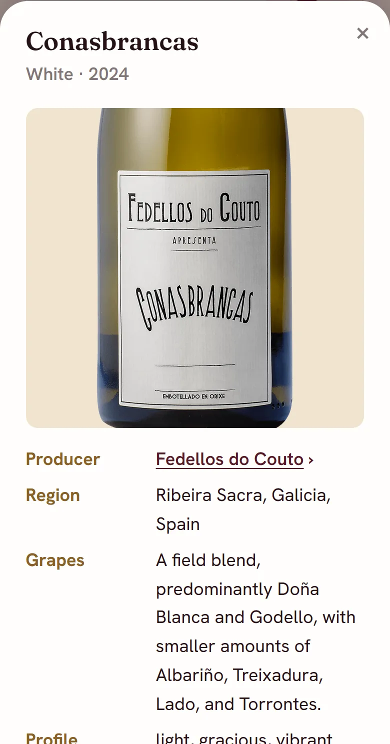 A wine card on the staff menu on a phone: Fedellos do Couto Conasbrancas, with the bottle's label, region and grapes