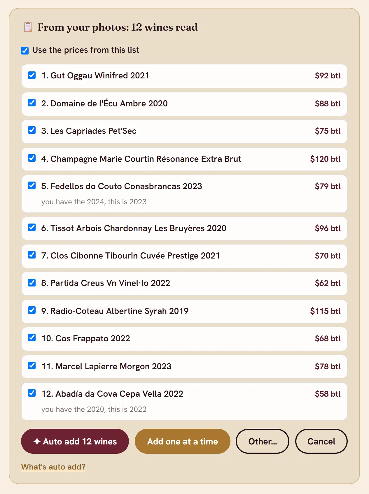 The backwaiter assistant showing a checklist of twelve wines read from one photo of a wine list, with prices